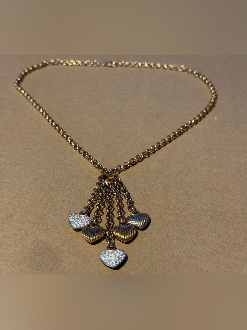 Goldtone Heart Cluster Pendant Necklace - Sparkling & Textured Hearts